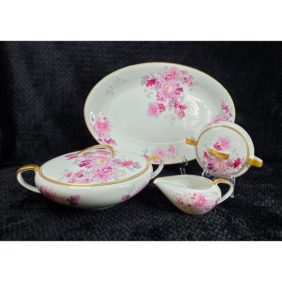 Vintage Noritake Pink Chrysanthemum Gold Trim 4 Pc Serving Set Japan 1950s-1960s - Picture 1 of 16